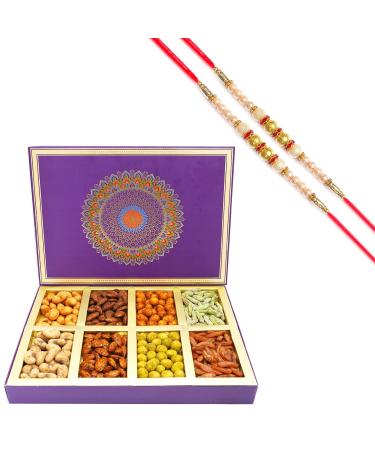 Ghasitaram Gifts Rakhi Gifts for Brothers Dryfruit - Fusion 8 Parti Box of Crunchy Cashews Crunchy Peanuts Flavoured Raisins and Flavoured Almonds with 2 Pearl Rakhis
