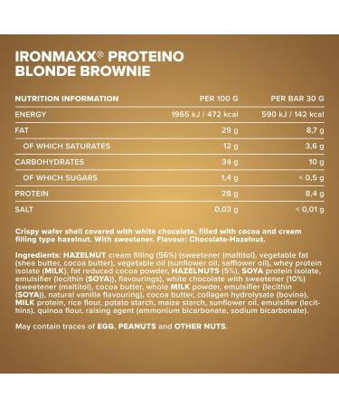 IronMaxx Proteino Protein Bar 12 x 30 g - Blondie Brownie | High Protein Bar with Creamy Waffle Based Filling | Sugar Reduced Gluten-Free Palm Oil Free Fitness Snack - Buy Online on GoSupps.com