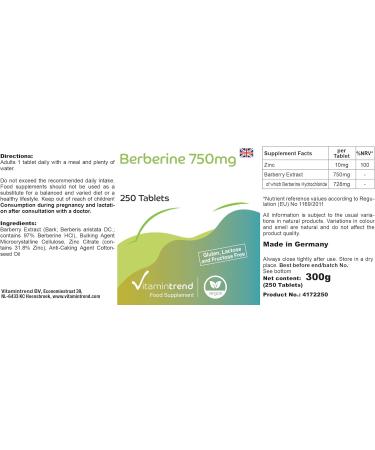 Vitamin trend Berberine HCl 750mg with zinc high dosage vegan 250 tablets Vitamintrend - Buy Online on GoSupps.com