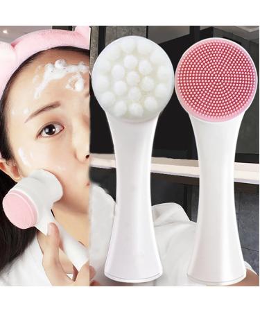2 In 1 Silicone Face Brush for Women Portable Manual Face Brush with Soft Bristles Double-sided Ma-ssage Brush for Deep Clean Cosmetic Residue Gift for Girl Friends (Pink)