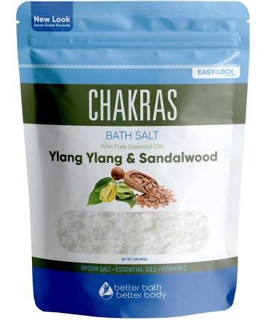 Chakras Bath Salt 32 Ounces Epsom Salt with Natural Ylang Ylang, Sandalwood, Eucalyptus, Frankincense, Chamomile and Cinnamon Essential Oils Plus Vitamin C in BPA Free Pouch with Easy Press-Lock Seal 2 Pound (Pack of 1)
