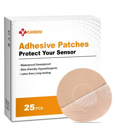 Carbou Freestyle Adhesive Patches 25 PCS Breatheable Waterproof CMG Sensor Patches for Libre Enlite Guardian   Pre-Cut Sensor Covers   No Glue in The Center Long Fixation for Your Sensor(Tan)