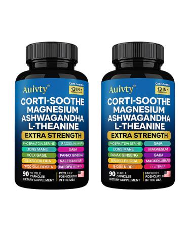 Auivty Cortisol Manager & Adrenal Support - Cortisol Reducer for Stress Relief Calm & Sleep - 13-in-1 Adaptogen with Ashwagandha & Magnesium - 180 Capsules (2-Pack)
