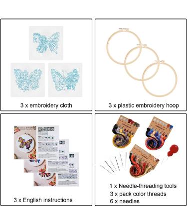 Anidaroel Butterfly Flower Embroidery Starter Kit - 3 Sets | Cross Stitch for Beginners | Includes Fabric, Hoop, Threads & Needles - Buy Online on GoSupps.com