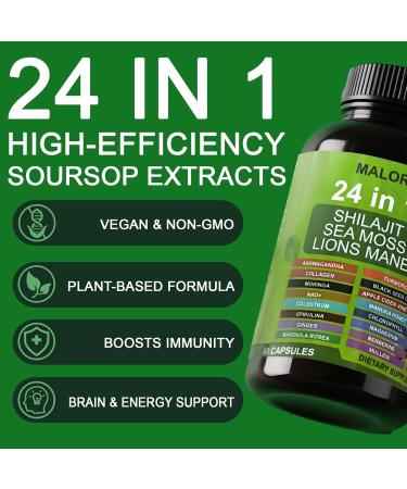 24 in 1 Soursop Graviola Capsules - Herbal Supplement with Shilajit Sea Moss Turmeric Ashwagandha - Vegan Non-GMO 60 Capsules (1) - Buy Online on GoSupps.com