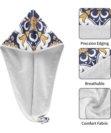 Blue Yellow Ethnic Flowers Hair Towel 2 Pack | Super Absorbent Quick Dry Hair Turbans for Women & Girls - Buy Online on GoSupps.com