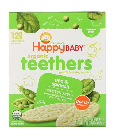 Happy Family Organics Organic Teethers Gentle Teething Wafers Sitting Baby Pea & Spinach 12 Packs 0.14 oz (4 g) Each - Pea & Spinach