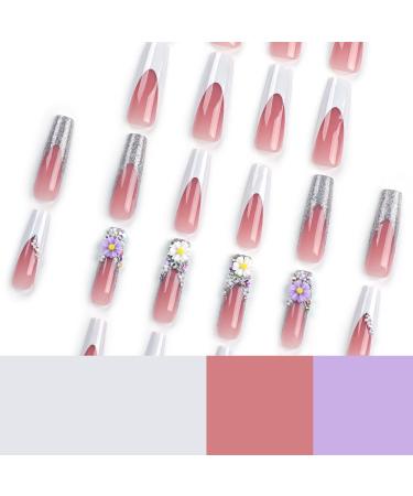 French Tip Press on Nails - Long Press On Nails with Nail Tips White edged white and purple flower powder blusher pearl false nails press on nails Acrylic False Nails Cute Artificial Nails - Buy Online on GoSupps.com