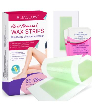 ELIAGLOW Wax Strips for Hair Removal 60 Count, Waxing Strips for Face, Body, Upper Lip, Legs, Bikini, Eyebrow, Chin, Underarm, Facial and Brazilian Waxing Kit for Women