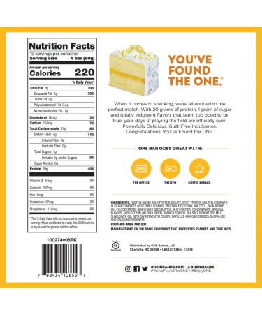 One Brands One Bar Lemon Cake | 12 Bars (2.12 oz Each) | Protein Snack High in Fiber - Buy Online on GoSupps.com