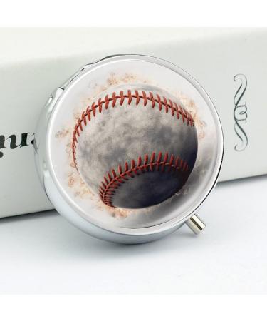 Baseball Print Round Pill Box - 3 Compartment Medicine Organizer | Decorative Metal Portable Pocket Pill Case - Buy Online on GoSupps.com