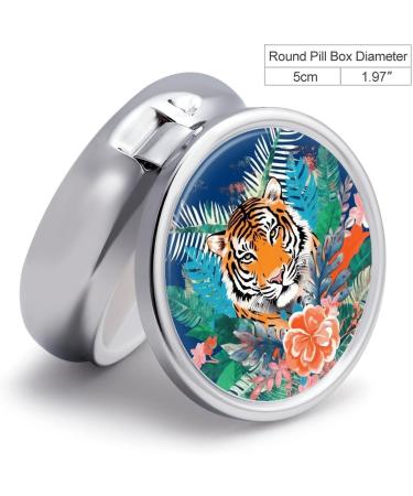 Round Tropical Tiger Print Pill Box - 3 Compartment Metal Organizer | Portable Decorative Medicine Case - Buy Online on GoSupps.com
