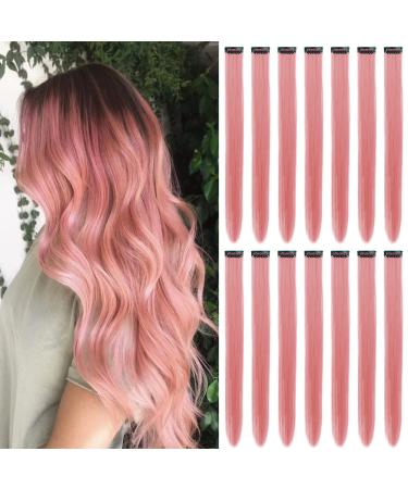 16Pcs Colored Clip in Hair Extensions 22 Inch Colorful Highlights Hairpieces Straight & Long Heat-Resistant Synthetic Hair Accessories for Kid Girls Women Party Hair Decor (16Pcs-Princess Pink)