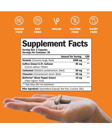 Turmeric Curcumin Saffron Ceylon Cinnamon Cardamom Supplement - Antioxidant & Anti-inflammatory Blend with BioPerine for Joint Support, Mood & Memory Enhancement - 60 Vegan Capsules - Buy Online on GoSupps.com