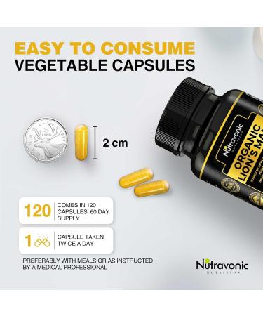New Bonus Size! Nutravonic Organic Premium Lions Mane Supplement QCE 5550 mg (10:1 Extract 550 mg 120 capsules) per capsule - 40% Polysaccharides & 20% Beta-Glucan! - Lions Mane Mushroom Capsules - Lion Mane Mushrooms for Immune System Support - Source of - Buy Online on GoSupps.com