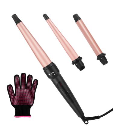 LXMTOU 3 in 1 Curling Wand Tapered Set 1/2-1 1/4 Inch Interchangeable Barrel Ceramic Curling Wand Iron for Short to Long Hair with Attachment Glove Dual Voltage Rose Pink