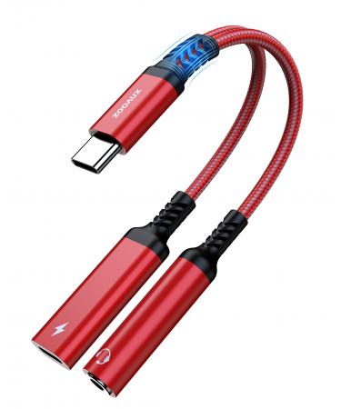 ZOOAUX USB C to 3.5mm Headphone and Charger Adapter 2 in 1 USB C to Aux Audio Jack with PD 60W Fast Charging Dongle Cable Cord for S23/S22/S21 Ultra iPhone 15 iPad Pro Pixel(Red)