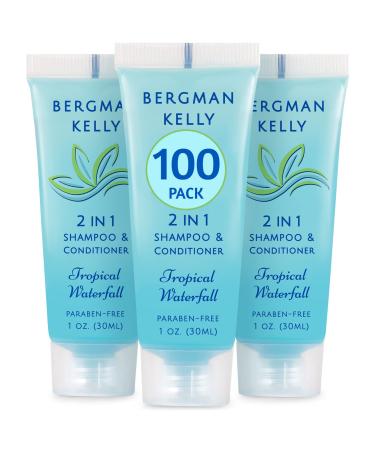 BERGMAN KELLY Travel Size Shampoo & Conditioner 2 in 1 (1 Fl Oz, 100 PK, Tropical Waterfall), Delight Your Guests with Invigorating and Refreshing Shampoo Amenities, Small Hotel Toiletries in Bulk 1 Ounce (Pack of 100) 100 Pack