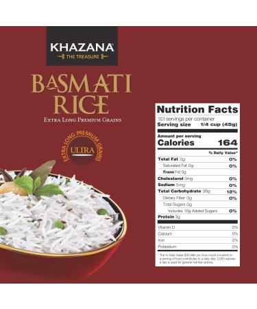 Khazana Premium Ultra Extra Long Basmati Rice - 10lb Resealable Zipper Bag | Aged & Aromatic Authentic Grain From India | GMO-Free, Gluten-Free, Cholesterol-Free & Kosher - 10lb Pack - Buy Online on GoSupps.com