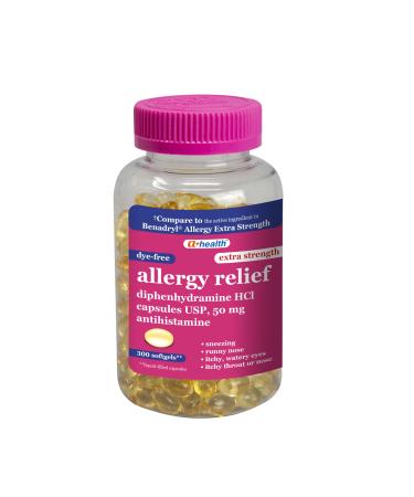 A+Health Dye-Free Extra Strength Allergy Relief Medicine Diphenhydramine HCl 50mg Softgels Antihistamine 300 Count