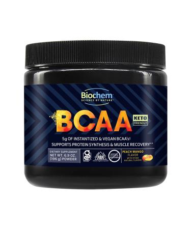 Biochem BCAA Powder Peach Mango 5g 30 Servings | Vegan Gluten Free Keto Instantized 2:1:1 BCAA Supplement for Muscle Recovery Protein Synthesis & Hydration | Electrolyte Amino Acid Powder