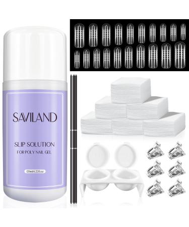 Saviland Poly Gel Slip Solution Kit-120 ml Slip Solution for poly extension gel non-stick liquid solution with a two-sided gel nail brush nail clip nail tip manicure starter kit 120ml with nail tips