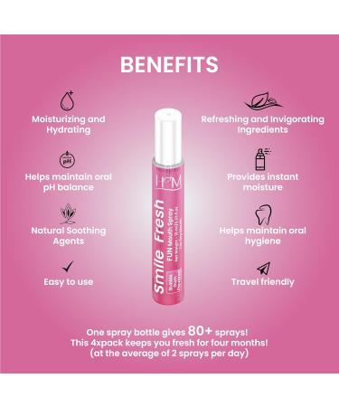 HM - Dry Mouth Fun 4 Flavoured Spray - Peach, Bubble Gum, Cotton Candy & Apple - Alcohol Free, Instantly Hydrate & Moisturize, Ph Balanced, Promotes Saliva Production & Soothes Pack of 4 x 0.33 oz - Buy Online on GoSupps.com