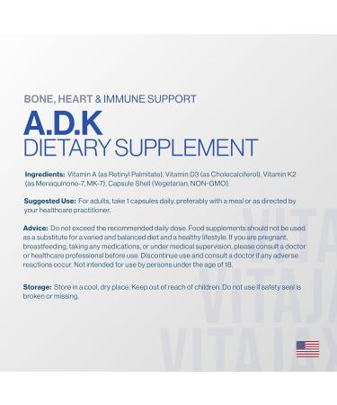 VITAJAX, ADK - Vitamin ADK Supplement, 90 Capsules - High Potency Vitamin A, D3 (5,000 IU) K2 as MK-7 for Bone, Heart & Calcium Absorption Non-GMO, Gluten Free (3 Month Supply) - Buy Online on GoSupps.com