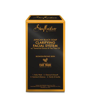 SheaMoisture African Black Soap Face Wash Regimen Kit - Shea Moisture Soap Bar for Face & Body Clarifying Facial Wash & Scrub Problem Skin Moisturizer and Facial Mask Bundle (4 Piece Set)