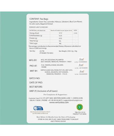 VERTUS TEA TRANQUILITY Hibiscus Teabags For Stress Relief | Lavender Hibiscus Sahatavri Blue Corn flower St John's-wort Bergamot Extract | 25 UNITS | Premium Blend | Kangra Tea - Buy Online on GoSupps.com