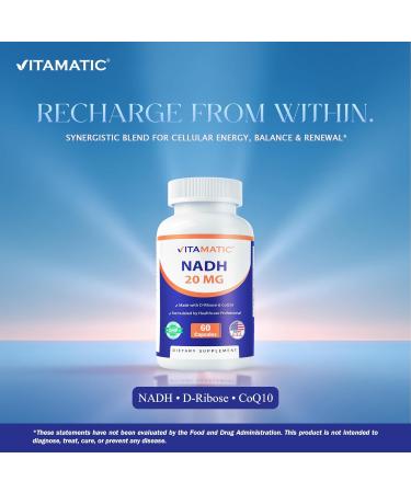Vitamatic NADH 20mg with D-Ribose & CoQ10 60 Capsules B-Nicotinamide Adenine Dinucleotide Non-GMO Gluten Free 60 Count (Pack of 1) - Buy Online on GoSupps.com