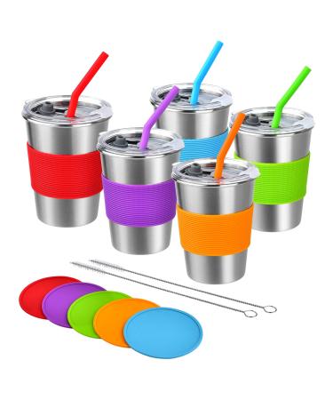 Kids Cups with Straw and Lid Spill Proof 5 Pack 12oz Stainless Steel Drinking Tumbler with Coasters Unbreakable Water Glasses BPA-Free Metal Sippy Mug for Toddler Children Adult Indoor Outdoor
