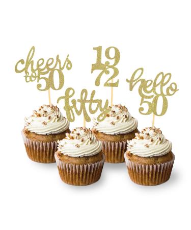 24 Pcs Glitter 50th Birthday Cupcake Toppers for Celebrating Fifty Years Old Birthday Party Decorations (Gold)