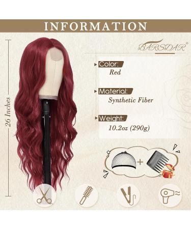 Buy BARSDAR Long Wavy Red Wig - 66cm Middle Parting Curly Lace Front - Heat-Resistant Synthetic Hair for Women | Perfect for Daily Party Cosplay & Halloween - Buy Online on GoSupps.com