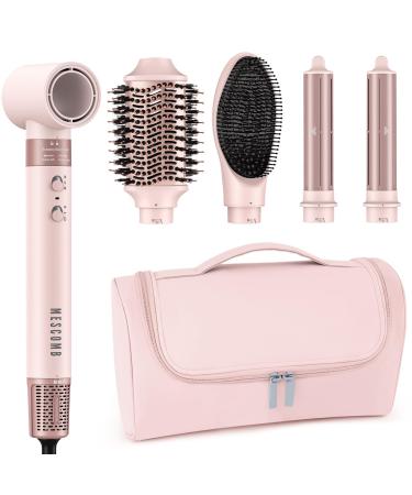 5 in 1 High-Speed Hot Air Styler - Professional Frizz-Free Blow Dryer Brush Fast Drying No Heat Damage - Curl Volumize Straighten with Travel Bag Pink
