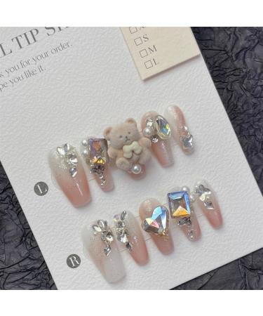 Nails Nail Tips Nails Set Handmade Nails Press On 3D Bear Aurora Diamond Pearl Decor Luxury Long Coffin Wearable Full Cover Nail Tips(ZRXX S)