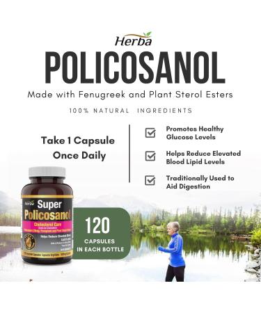 Herba Policosanol 20mg with Plant Sterols and Fenugreek - 120 Vegetable Capsules | Cholesterol Supplement to Lowering and Supporting Healthy Cholesterol Levels and Heart Health | Made in Canada - Buy Online on GoSupps.com