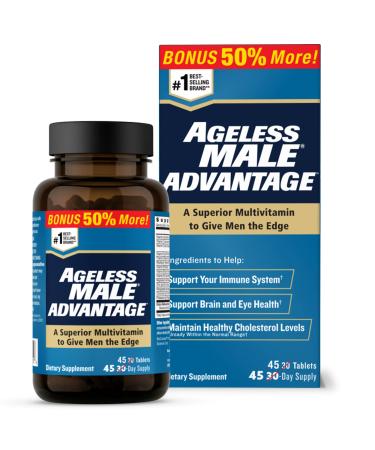 Ageless Male Advantage Premium Once a Day Multivitamin for Men 50 Plus Plus Brain and Cholesterol Care Vitamins A C D K B1 B2 B3 B6 B12 Zinc & Extra Defense Blend - 45 Tablets