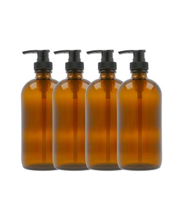 16oz Made in Germany Refillable Boston Round Amber Glass Bottles with Locking Pump Dispensers for Hand Soap, Shampoo, Conditioner, Lotions, Body Wash (Pack of 4) 16oz-Pack of 4