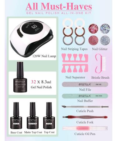 Btiztlla 32 Colors Gel Nail Polish Kit with 120W LED Light | UV LED Nail Lamp Starter Kit for DIY Manicure | No Wipe Base & Top Coat Included - Buy Online on GoSupps.com