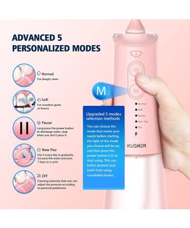 Cordless Water Dental Flosser - KUSKER Portable Oral Irrigator with 5 Modes & 4 Jet Tips - Rechargeable & IPX7 Waterproof - Pink - Buy Online on GoSupps.com
