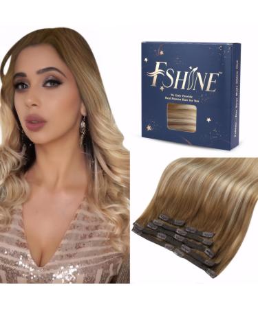 FSHINE CLIP in Extensions real hair balayage 35cg brown hair extension real hair clips light brown with platinum blonde smooth hair Remyhaar extensions real hair clips blond ombre 7pcs #6/60/6 3.5 clip #6/65 cm