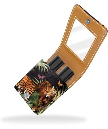 Buy Stylish Leather Lipstick Case | Mini Lip Gloss Organizer with Mirror - Tropical Palm Leaves & Leopard Design - Buy Online on GoSupps.com