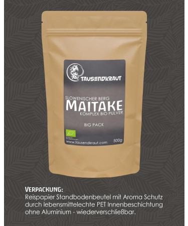  Tausendkraut Organic Vital Mushroom Powder - Reishi - Hericium - Cordyceps - Shiitake - European Made - Superior Quality Thousand Herbs - 200g to 500g (500g Maitake 500g) - Buy Online on GoSupps.com