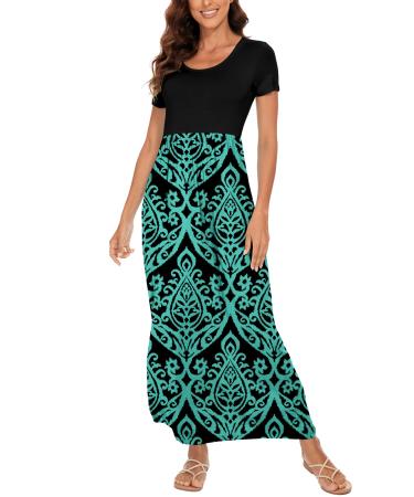 YUNDAI Womens Maxi Dress Summer Maternity Casual Short Sleeve Floral Loose Long Dresses Plus Size Ladies Dress with Pocket 03-Short Sleeve XL B07 Blue Green