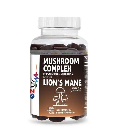 10 Mushroom Complex Gummies by Ezlyv-2500mg Lion's Mane Mushroom Supplement with Shitake  Reishi  Turkey Tail  Chaga-Vegan & GMO-Free Brain  Focus  Immunity & Memory Nootropics Booster-60 Gummies
