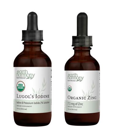 USDA Organic Liquid Zinc Sulfate & Lugol's Iodine 2% Solution 3000mcg - Antioxidant Properties Support Skin Health & Liquid Supplement for Lasting Energy Thyroid and Metabolism Boost - 2 Fl Oz Each
