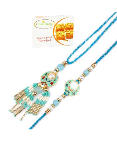Ghasitaram Gifts Rakhis Online - Rakhi for Brother- RM-211 Bhaiya Bhabhi Rakhi with 400 GMS of Besan Barfi Rakhi Set with 400 gms of Besan Barfi