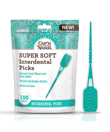 GuruNanda Interdental Picks (Pack of 100) Super Soft & Flexible Rubber Bristles Dental Floss Picks to Remove Food Debris Plaque & Go Gentle on Gums Toothbrush