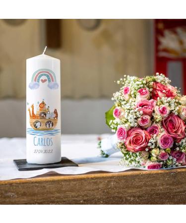 Personalized Gravure Printed Baptism Candle | Ark Rainbow Design | High-Quality Christening Gift for Boys & Girls | 250/80 mm Blue - Buy Online on GoSupps.com